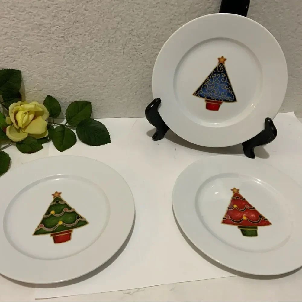 Fitz and Floyd Gourmet O' Christmas Tree Set ofโ3 Dessert Plates Holiday 8" G1